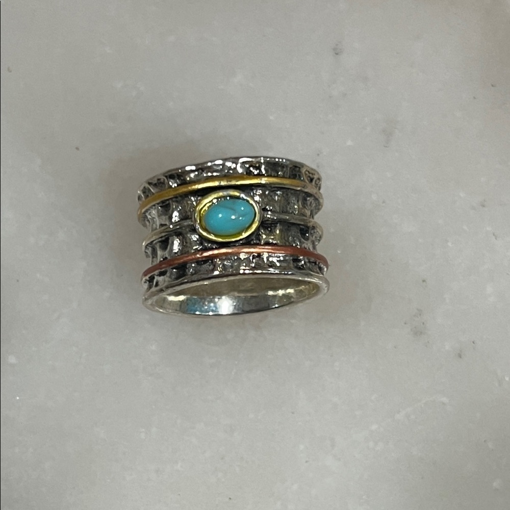 Silver and Gold Ring with Blue Turquoise Stone